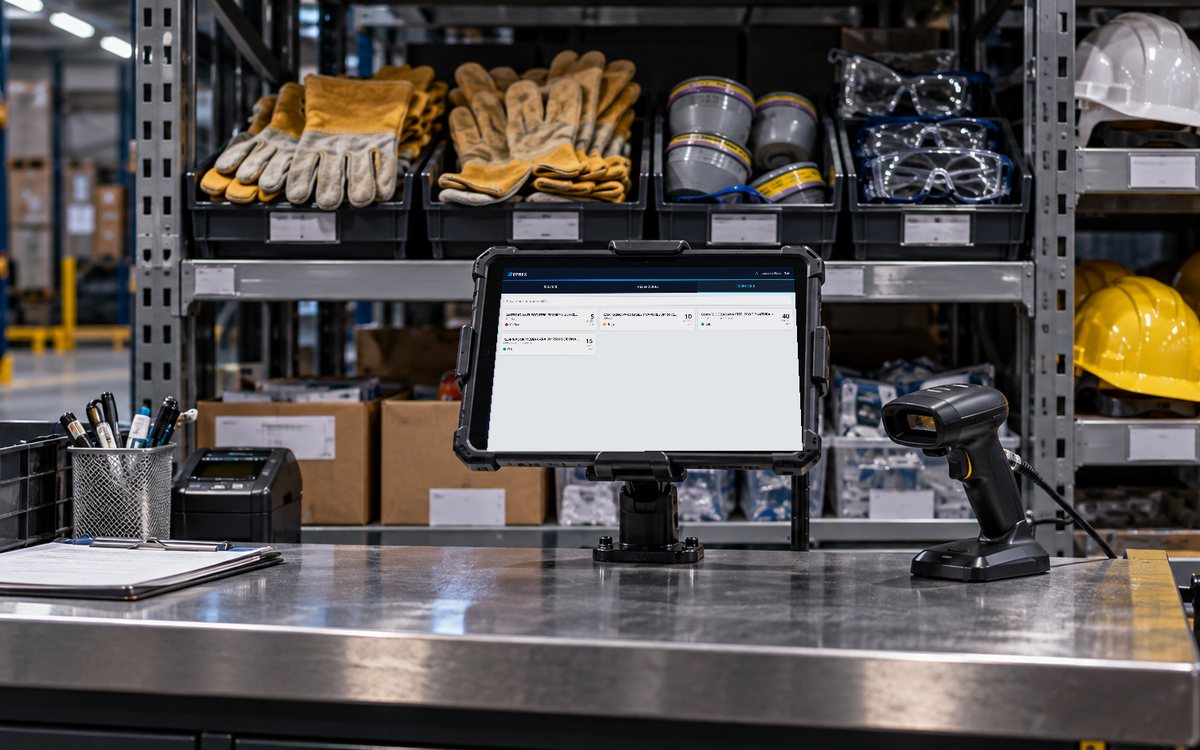 Puesto de entrega de EPP en un almacén: tablet montada junto a estantes con guantes, lentes y cascos, y un lector de código de barras