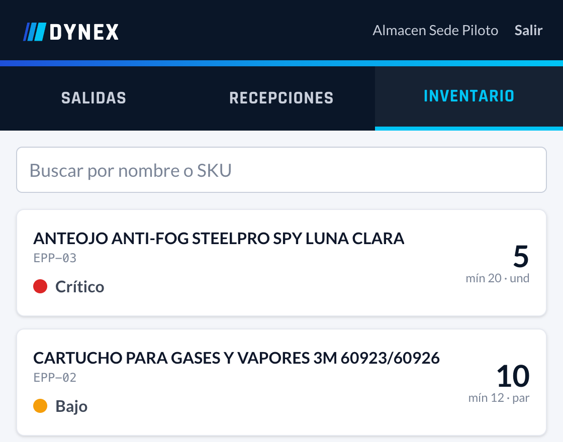 Pantalla de la tablet con las pestañas salidas, recepciones e inventario, buscador y dos tarjetas de producto con stock, mínimo y estado